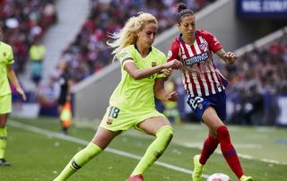 Jennifer Hermoso et Kheira Hamraoui lors d'Atlético-Barça le 17 mars 2019 - Panoramic